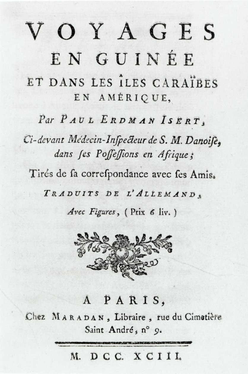 Strona tytułowa Travels in Gwinea and the Caribbean Islands in America autorstwa Paula Erdmana Iserta, opublikowana w 1743 r. autorstwa French School