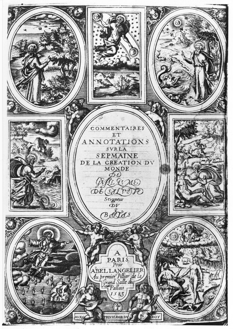 Strona tytułowa komentarzy i adnotacji na temat Tygodnia Stworzenia Świata Guillaume Sallust du Bartas (1544-90) 1583 autorstwa French School