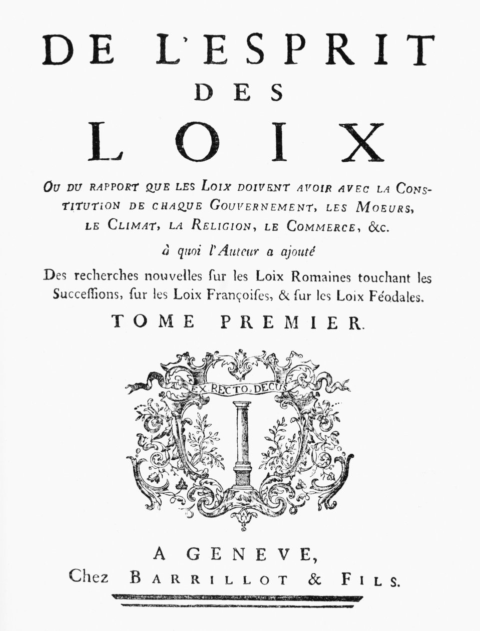 Strona tytułowa De LEsprit des Loix Charlesa de Montesquieu (1689-1755) 1748, opublikowana Geneve autorstwa French School