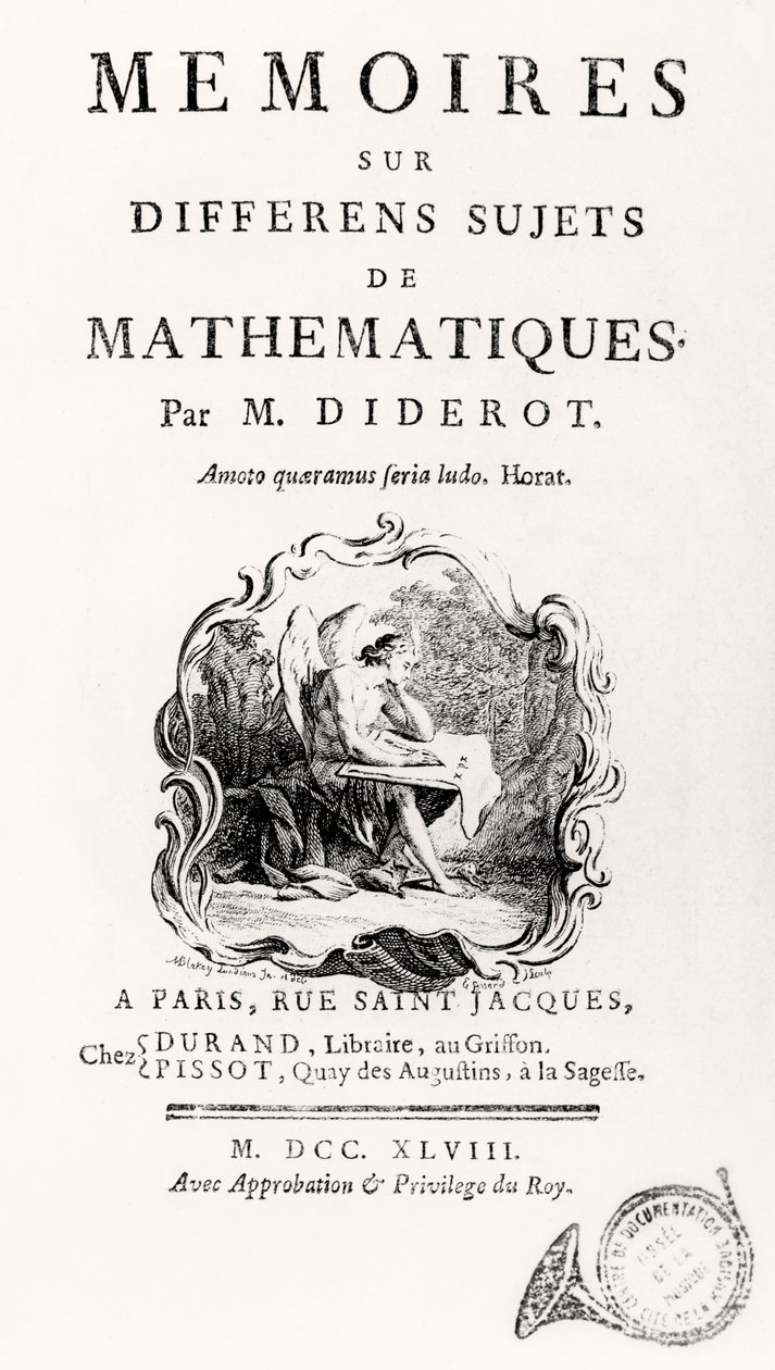 Strona tytułowa „Wspomnienia z różnych przedmiotów matematyki”, 1748 autorstwa French School