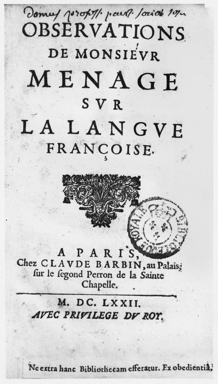 Strona tytułowa Observations sur la langue francaise Gillesa Menage (1613-92) wydanie 1672, u Claude