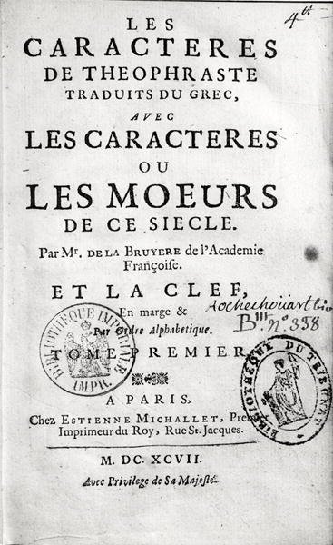 Strona tytułowa Theophrastuss Les Characteres ou les Moeurs w tłumaczeniu Jeana de la Bruyere (1645-96) 1697 autorstwa French School