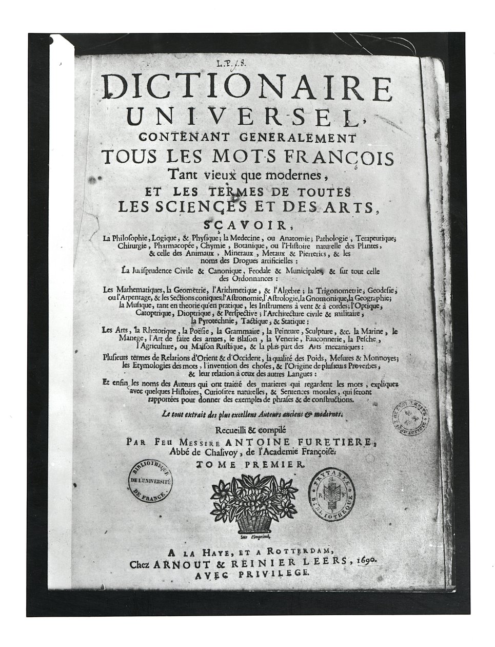 Strona tytułowa Dictionnaire Universel Antoine Furetiere (1619-88) 1690 (druk) autorstwa French School