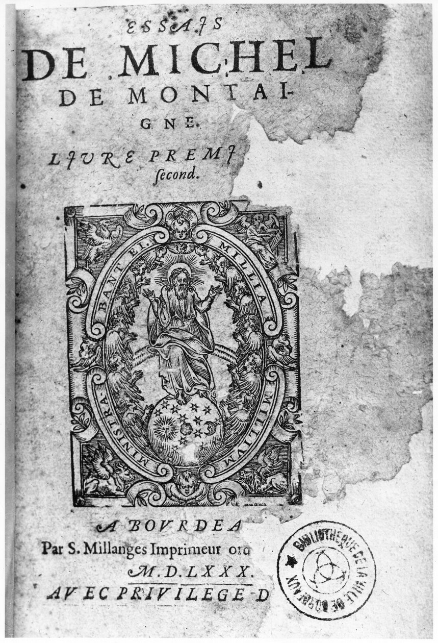 Strona tytułowa pierwszego wydania Essais Michela de Montaigne (1533-92) 1580 autorstwa French School