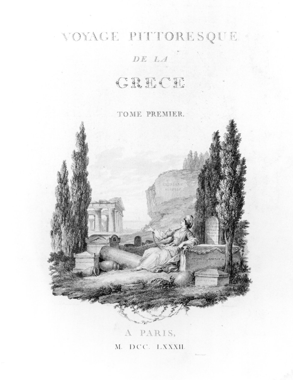 Strona tytułowa do „Malownicza podróż Grecji” autorstwa Choiseul-Gouffier, opublikowana w 1782 r. autorstwa French School
