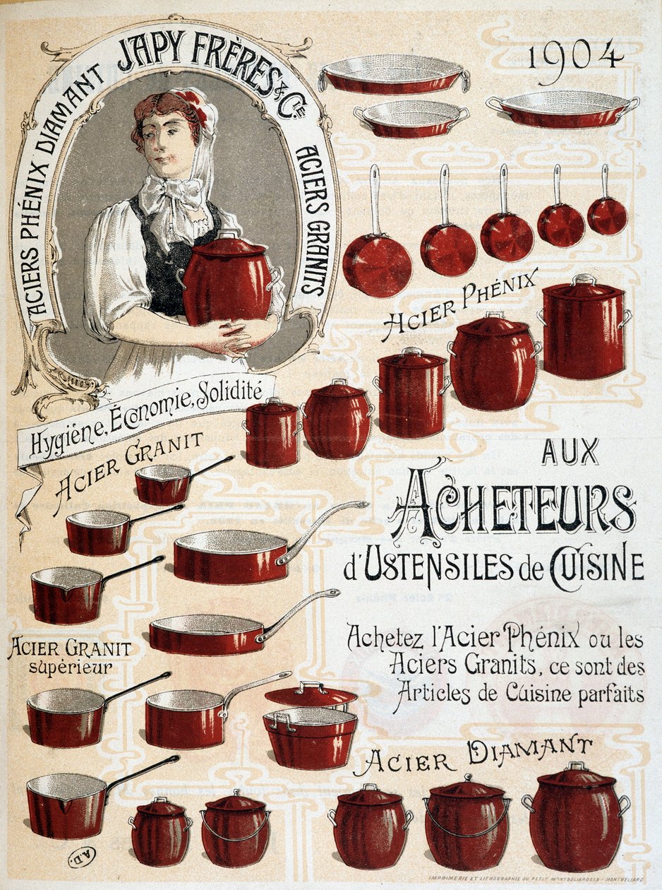 Do nabywców przyborów kuchennych. Kup Phenix Steel lub Granite Steel, to idealne artykuły kuchenne - Etykieta reklamowa autorstwa French School