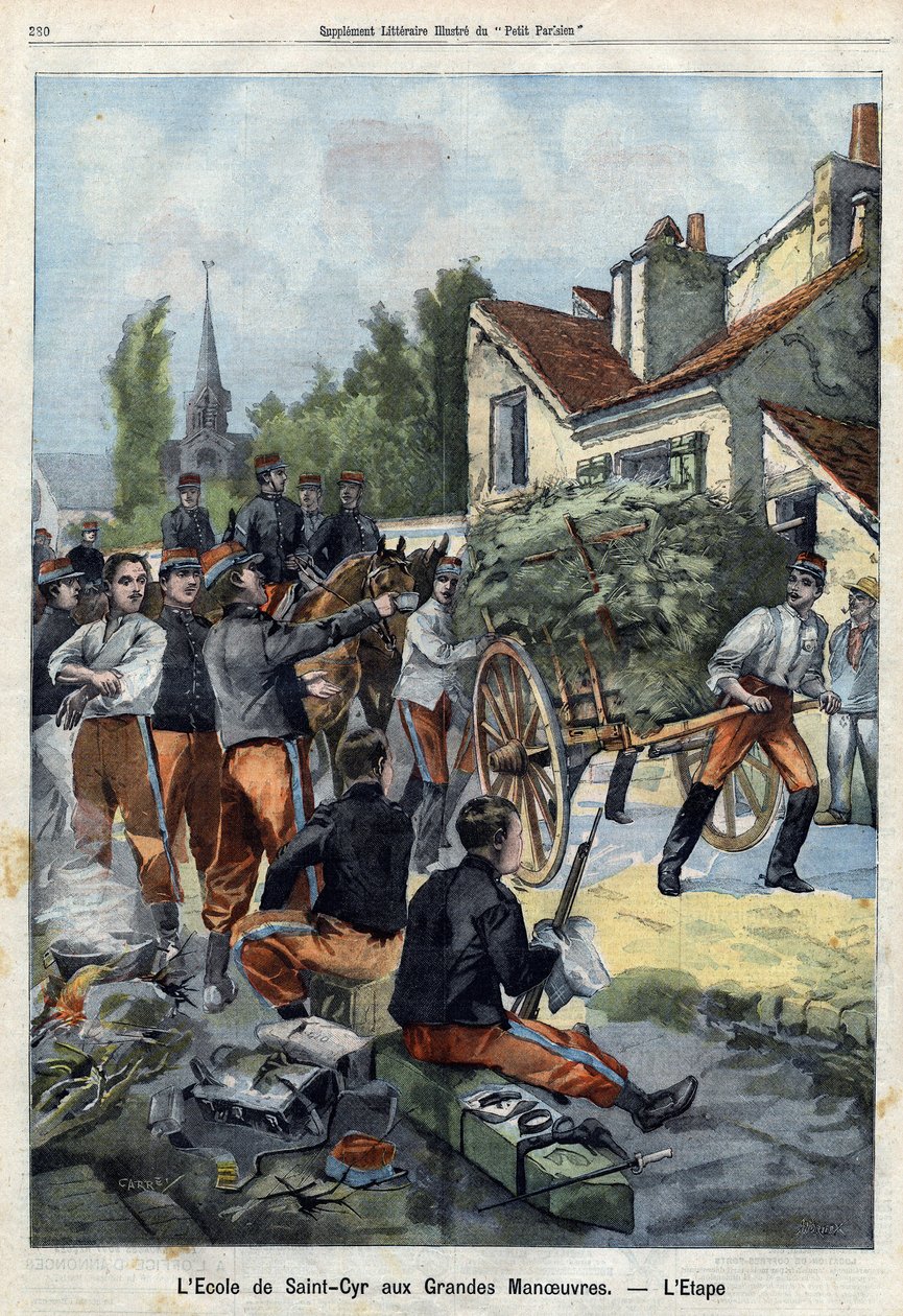 Aby dać wyobrażenie o życiu żołnierza w polu, uczniowie szkoły Saint Cyr zostają wysłani na manewr, aby wykonać własne prace zaopatrzeniowe. Grawerowanie w „Le Petit Parisien” w dniu 1.09.1901 (grawerowanie) autorstwa French School