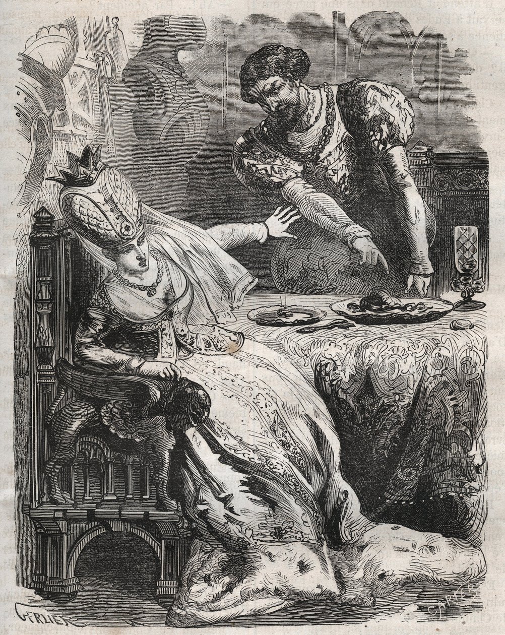 Aby zemścić się za niewierność swojej żony, Gabrielle de Vergy, Eudes de Fayel zmusza go do jedzenia serca swojego kochanka, Raoula de Coucy, bez jego wiedzy. Scena z XII-wiecznej legendy, według której Raoul I de Coucy (po 1142-1191) prosił, aby h autorstwa French School