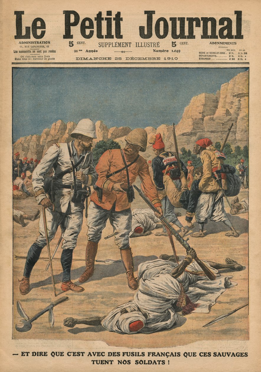 Pomyśleć, że ci dzicy używają francuskich karabinów do zabijania naszych żołnierzy, ilustracja z „Le Petit Journal”, dodatek illustre, 25 grudnia 1910 autorstwa French School