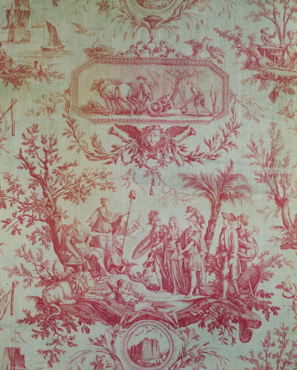 Toile de Jouy (wg projektów Jean-Baptiste Huet 1772-1793), Ilustruje alegorię Ludwika XVI (1754-1793), króla Francji, odnowiciela wolności w lutym 1790 (bawełna drukowana) autorstwa French School