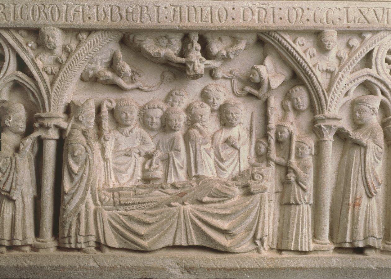 Grób biskupa Radulphe (zm. 1266), fragment sarkofagu przedstawiający procesję i zabranie duszy Radulphesa do nieba (zob. także 171276) autorstwa French School