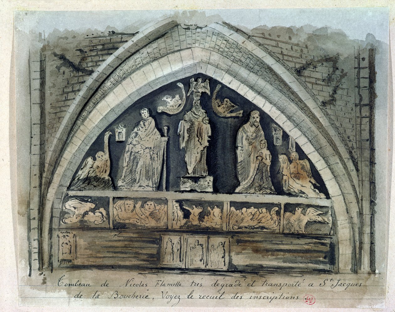 Grób Nicolasa Flamela (ok. 1330-1418) w Cimetiere des Innocents (wc na papierze) autorstwa French School