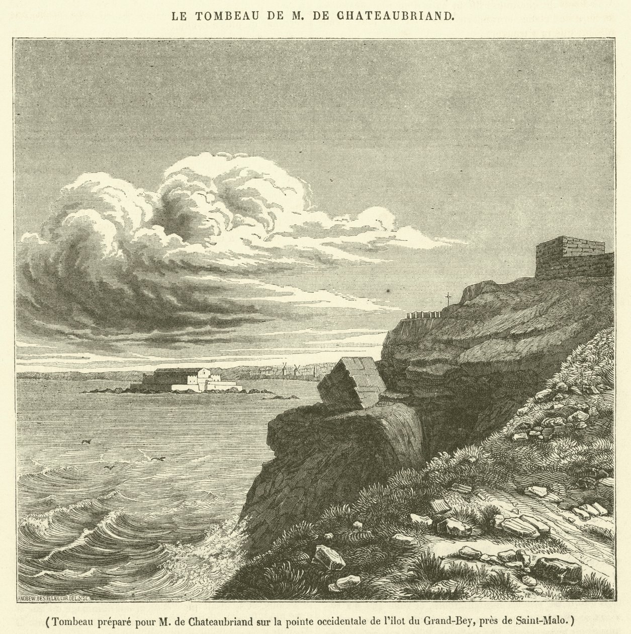 Grobowiec przygotowany dla M de Chateaubriand na zachodnim krańcu wyspy Grand-Bey, niedaleko Saint-Malo (rycina) autorstwa French School