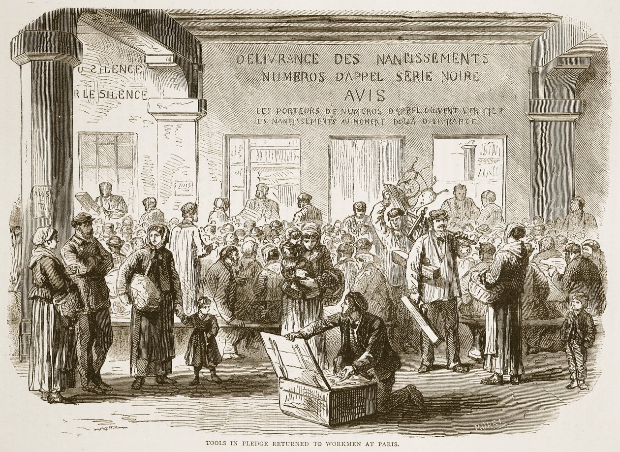 Narzędzia w zastawie zwrócone robotnikom w Paryżu, ilustracja z Historii wojny Cassells między Francją a Niemcami, 1870-1871 autorstwa French School