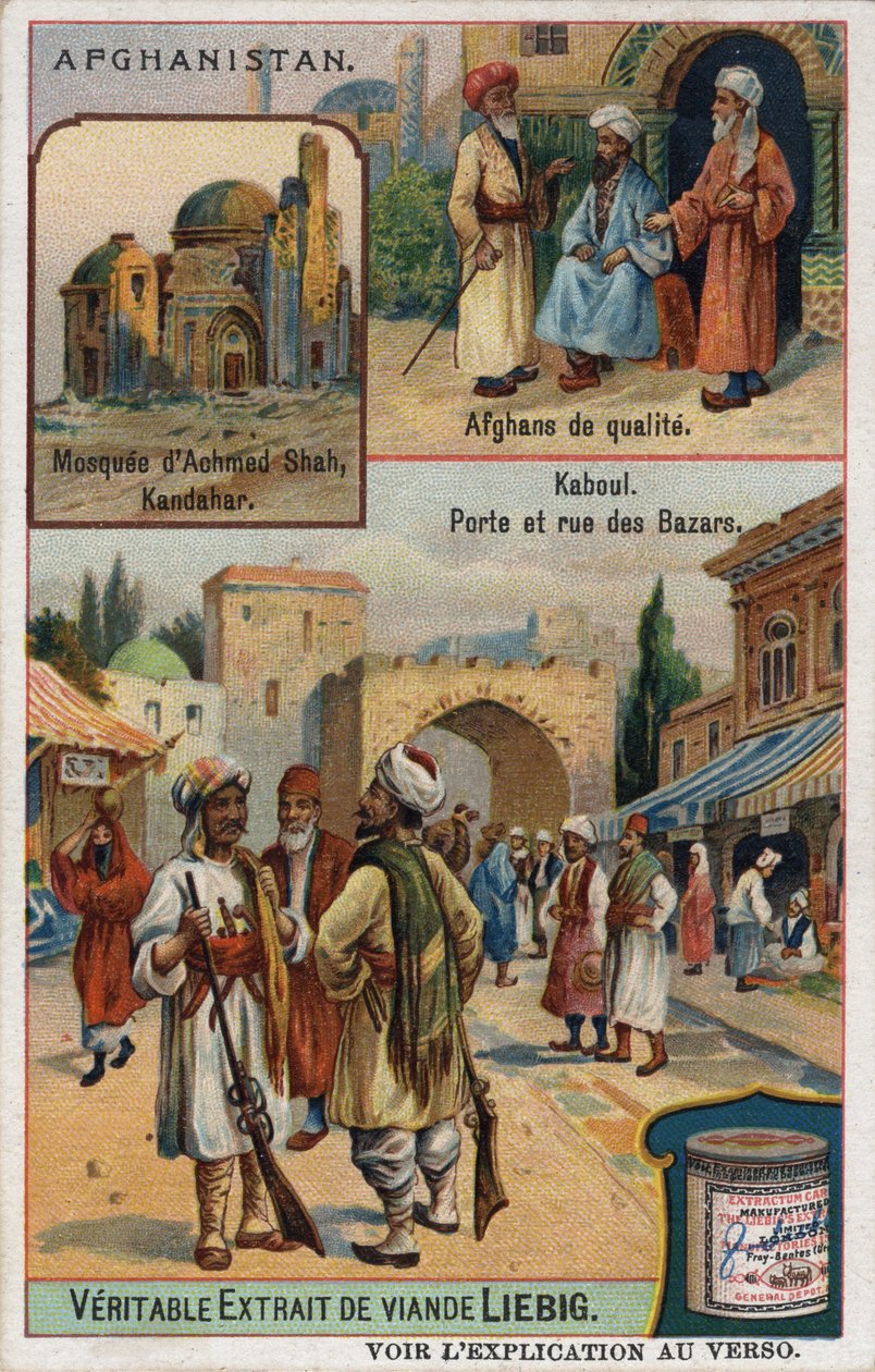 U góry: Meczet Achmeda Szacha w Kandaharze i portrety bogatych Afgańczyków. Na dole: bazar w Kabulu w Afganistanie. Chromolitografia reklamowa XIX wieku. autorstwa French School