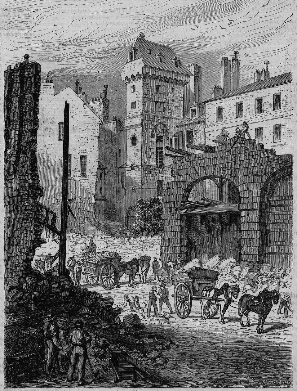 Tour Jean Sans Peur, ostatni ślad Hôtel de Bourgogne, podczas przebicia rue Etienne Marcel w Paryżu. Rytownictwo autorstwa French School