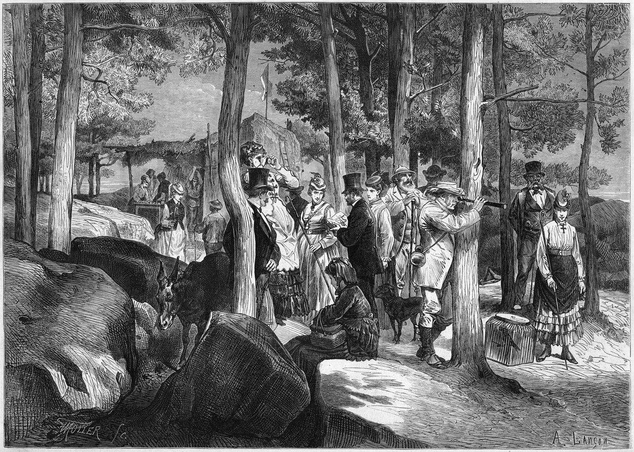 Turyści w wąwozach Apremont, w pobliżu wejścia do jaskini, w lesie Fontainebleau autorstwa French School