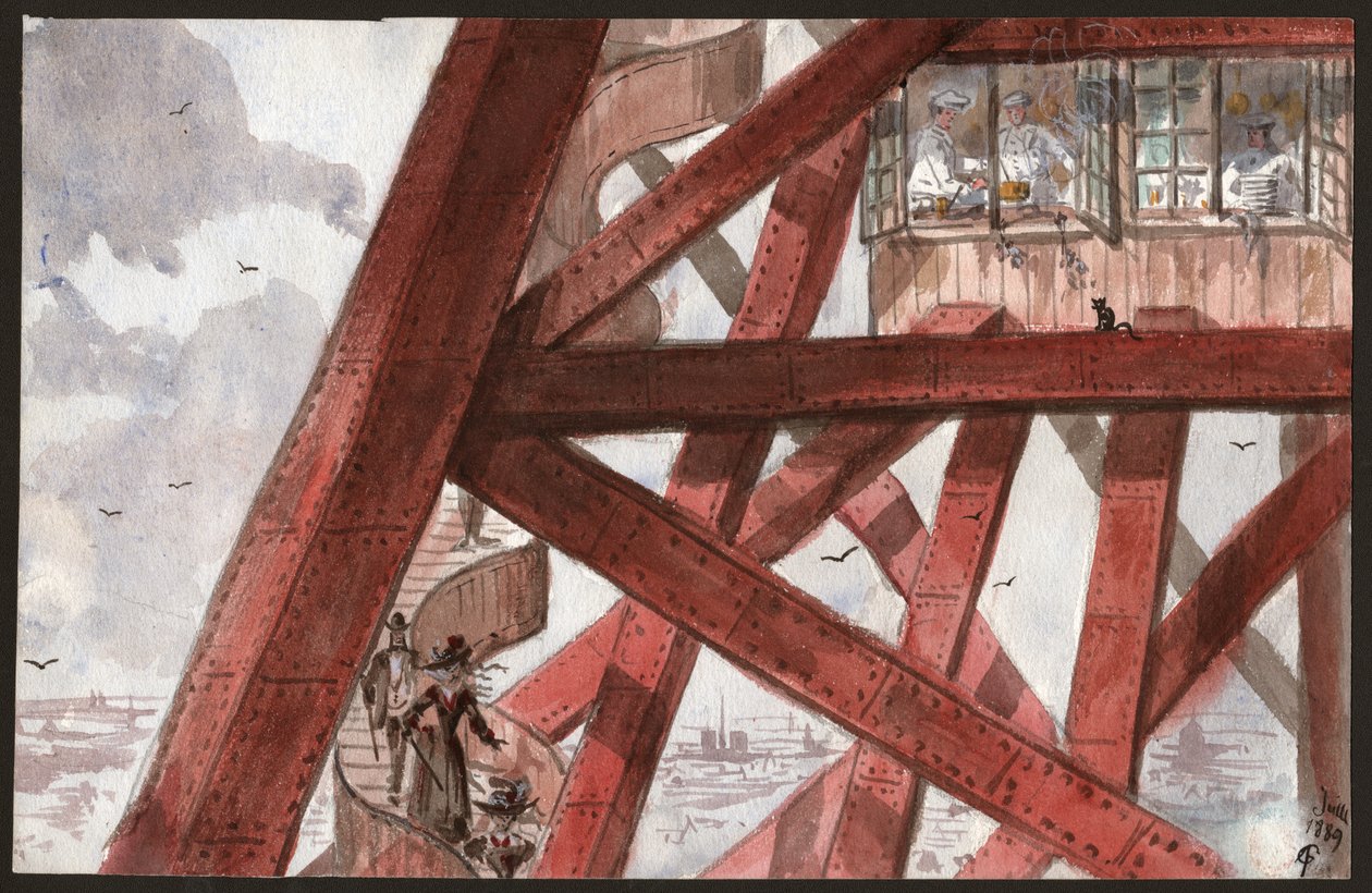 Turyści na wieży Eiffla. (ilustracja autorstwa French School