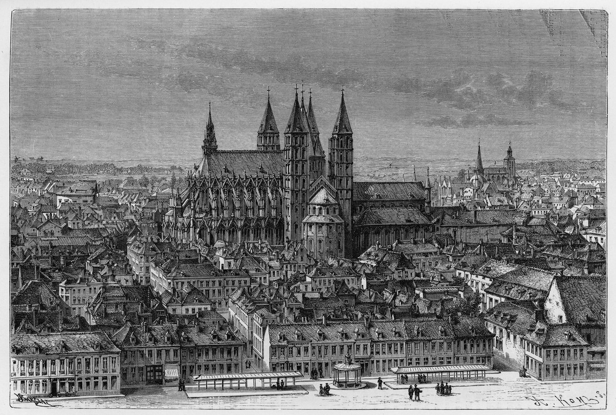 Tournai: widok zewnętrzny Notre-Dame (Notre Dame) i panorama miasta. Grawer autorstwa Barclay, aby zilustrować historię „Belgia” autorstwa Camille Lemonnier (1844-1913) belgijskiego pisarza. Opublikowano w Le Tour du monde, nouveau journal des voyages, 2.  autorstwa French School