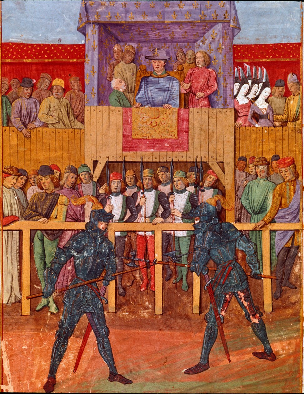 Scena z turnieju przeciw dwóm rycerzom w miniaturze zbroi z „Le Jouvencel” Jeana V de Bueila (1406-1477) autorstwa French School