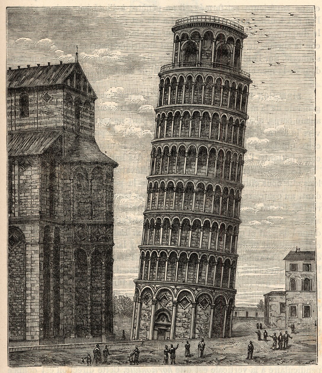 Wieża w Pizie - Torre di Pisa - Tour de Pisa - Grawerowanie w „”Nauki wnoszone na ruszt każdego - Popularna fizyka i chemia” Alexisa Clerca - Koniec XIX wieku - Kolekcja prywatna autorstwa French School