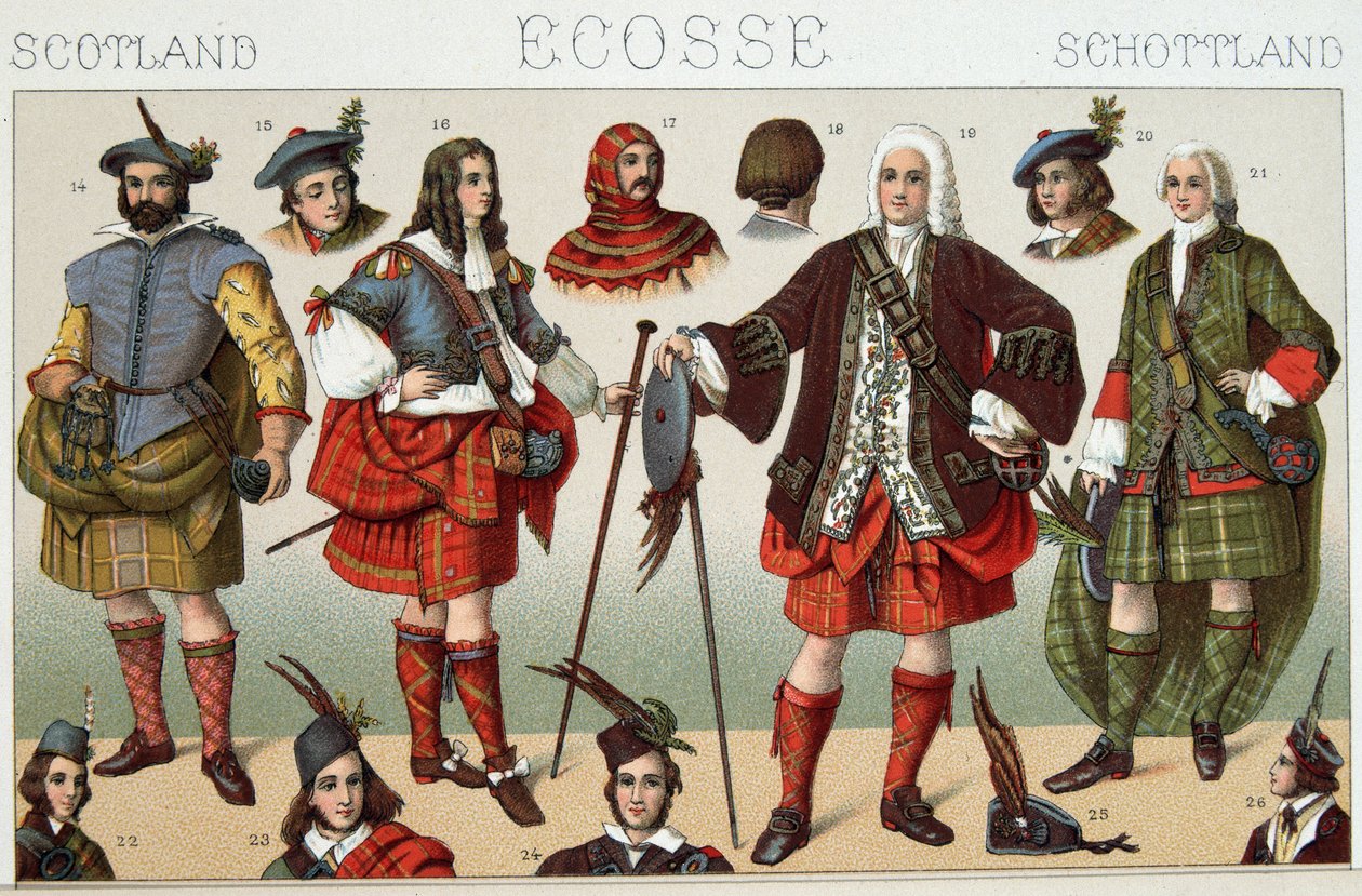 Tradycyjne szkockie kostiumy - w „Le costume historique” autorstwa Racinet autorstwa French School