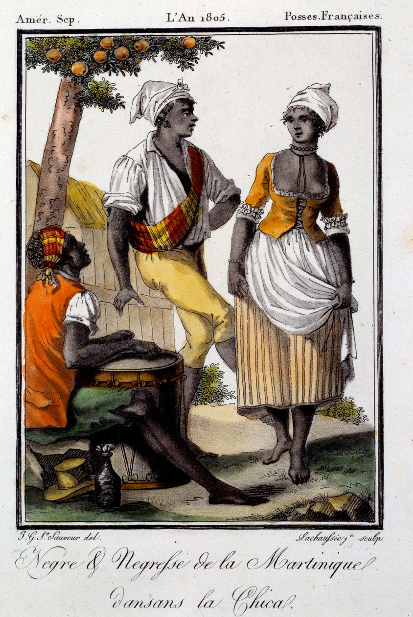 Taniec tradycyjny: mieszkańcy Martyniki tańczą chica. Rycina z 1805 r. Chartres, Muzeum Sztuk Pięknych autorstwa French School