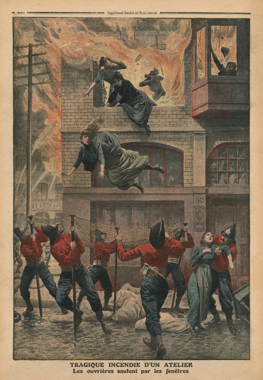 Tragiczny pożar w warsztacie w Newark, New Jersey, ilustracja z „Le Petit Journal”, dodatek illustre, 11 grudnia 1910 (kolor lito) autorstwa French School