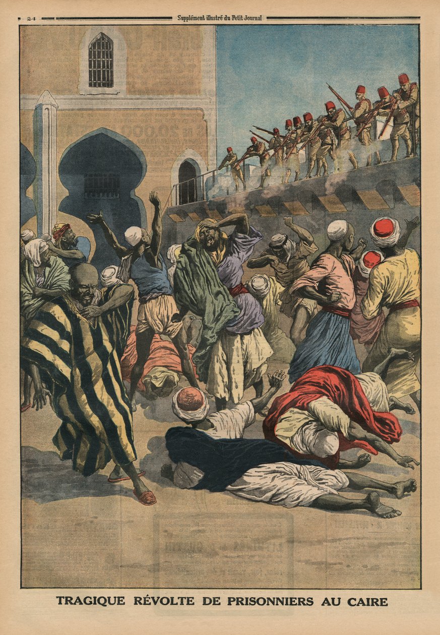 Tragiczna rewolta więźniów w Kairze, ilustracja na tylnej okładce z „Le Petit Journal”, dodatek illustre, 18 stycznia 1914 autorstwa French School
