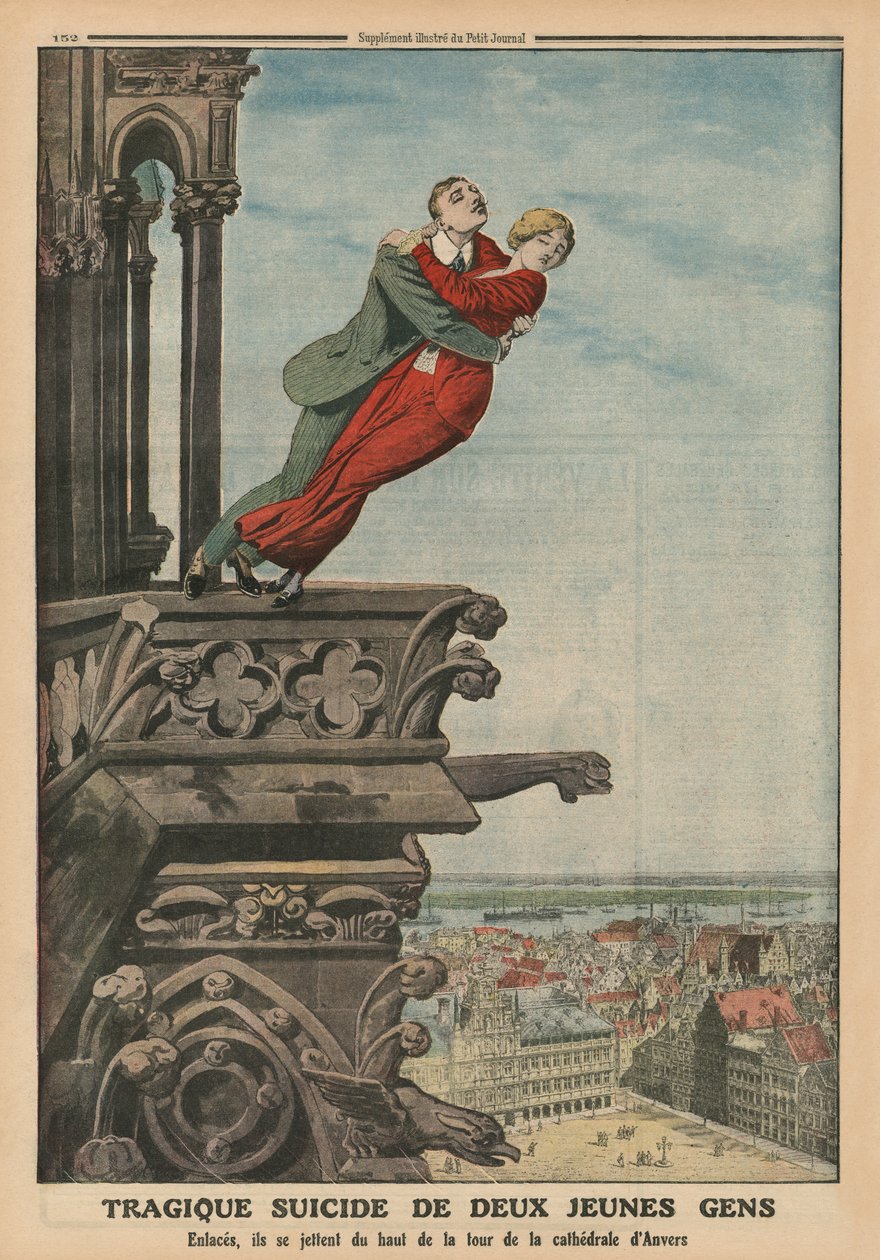 Tragiczne samobójstwo dwojga młodych ludzi z wieży katedry w Antwerpii, ilustracja na tylnej okładce z „Le Petit Journal”, dodatek illustre, 11 maja 1913 autorstwa French School