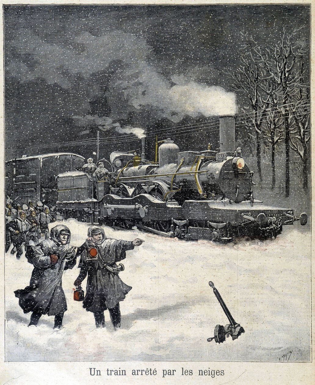 Pociąg zmuszony do zatrzymania się przez śnieg. Ilustracja gazety „Le Petit Parisien” z marca 1892 r. autorstwa French School