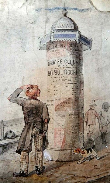 Tramp patrzący na plakat reklamujący sztukę Courteline „Boubouroche” (akwarela na papierze) autorstwa French School
