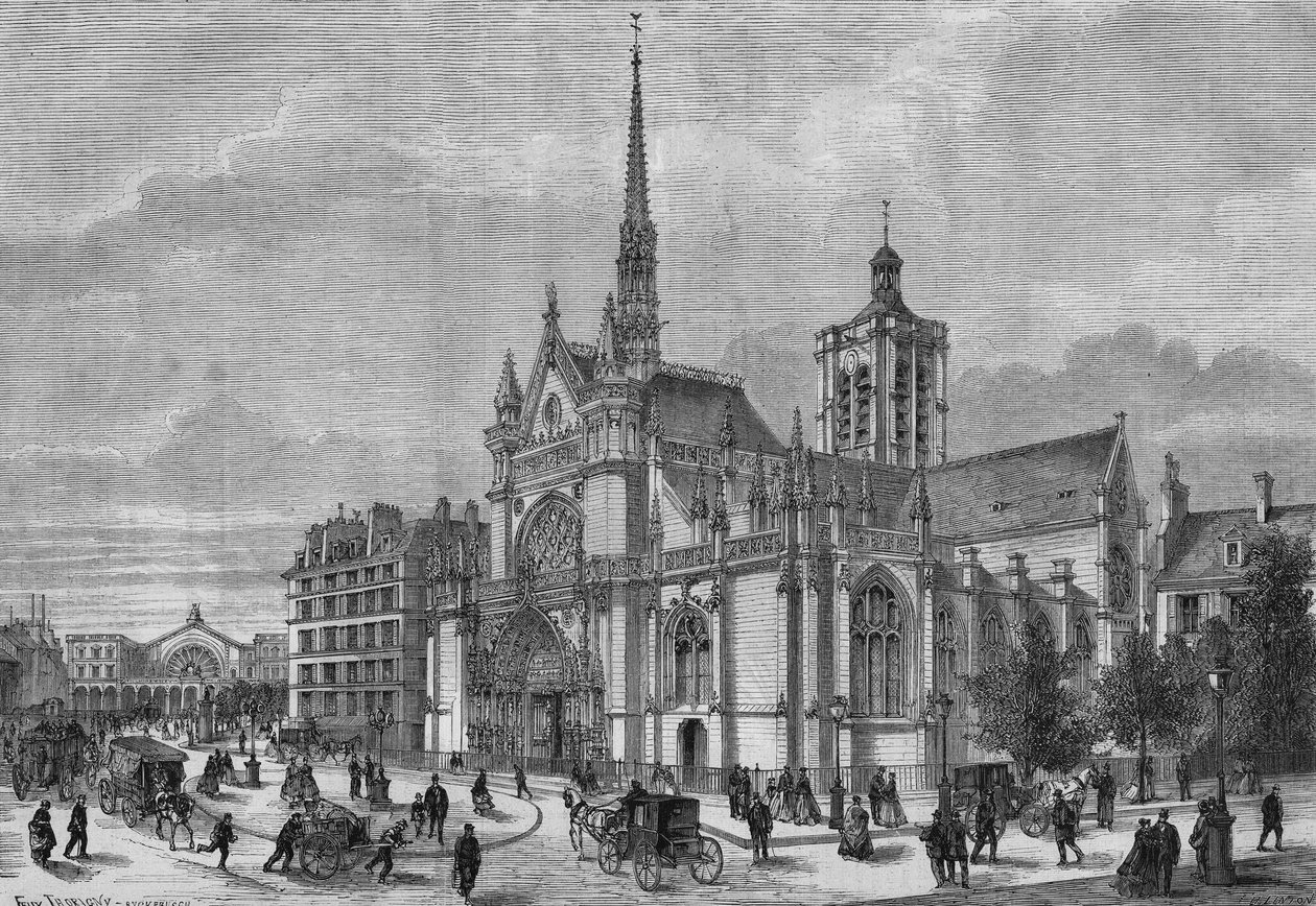 Przemiany Paryża pod II Cesarstwem, Haussmannowski Paryż: widok nowej neogotyckiej fasady kościoła Saint Laurent, bulwar Strasburga, odrestaurowanej przez architekta Simona Claude Constant Dufeux (Constant-Dufeux) (1801-1870) autorstwa French School