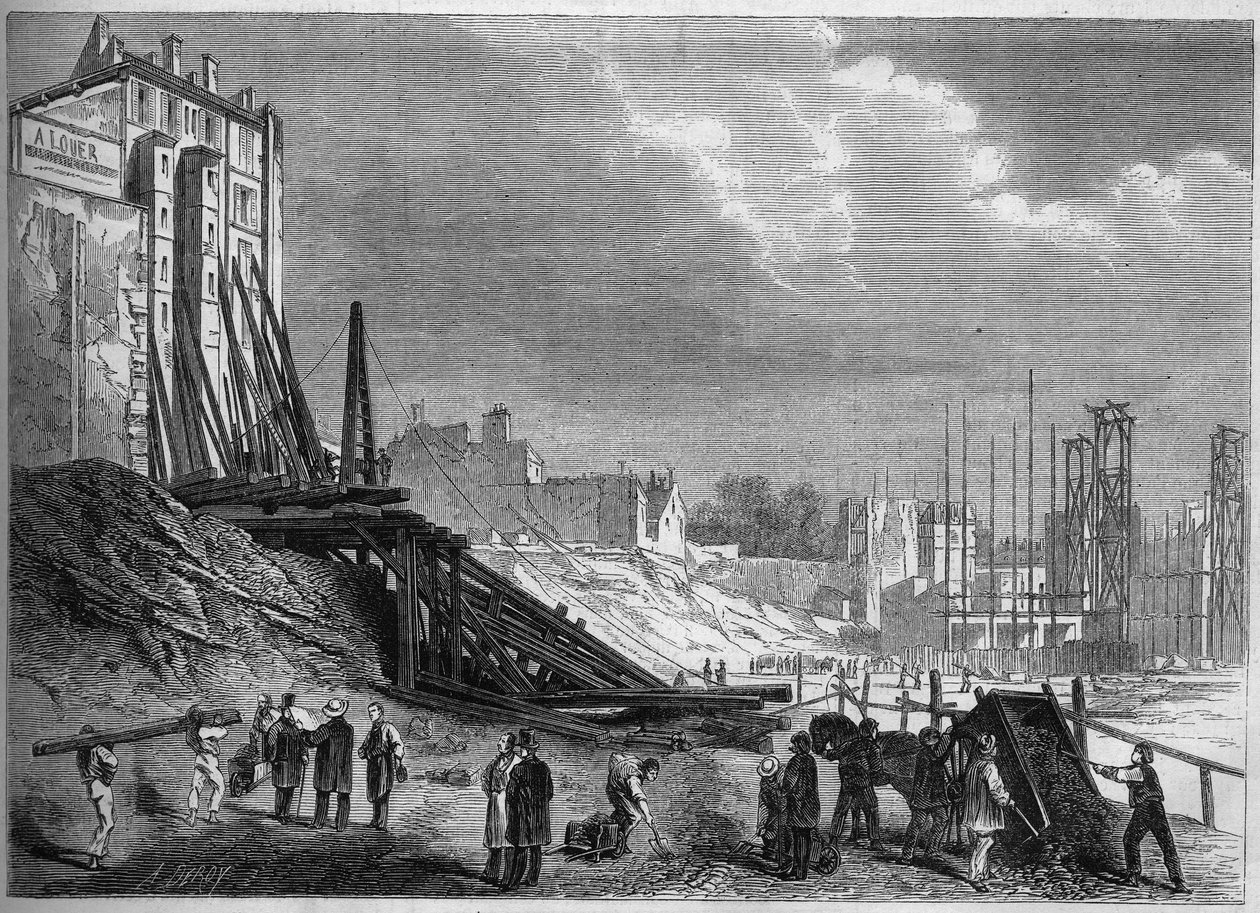 Przemiany Paryża w okresie II Cesarstwa, Paryż Haussmanna: widok rozbiórki na placu Square Montholon, rue Lafayette. Grawer w „Le Monde Illustre” nr 335 z 12 września 1863 r. autorstwa French School