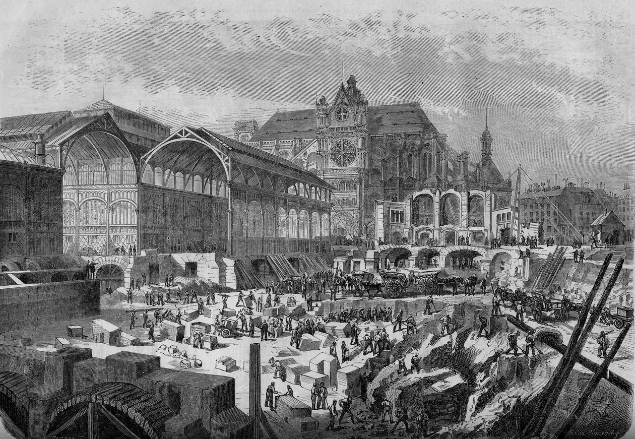 Przemiany Paryża pod II Cesarstwem, Haussmannowski Paryż: widok na nowy pawilon Hal Centralnych autorstwa French School