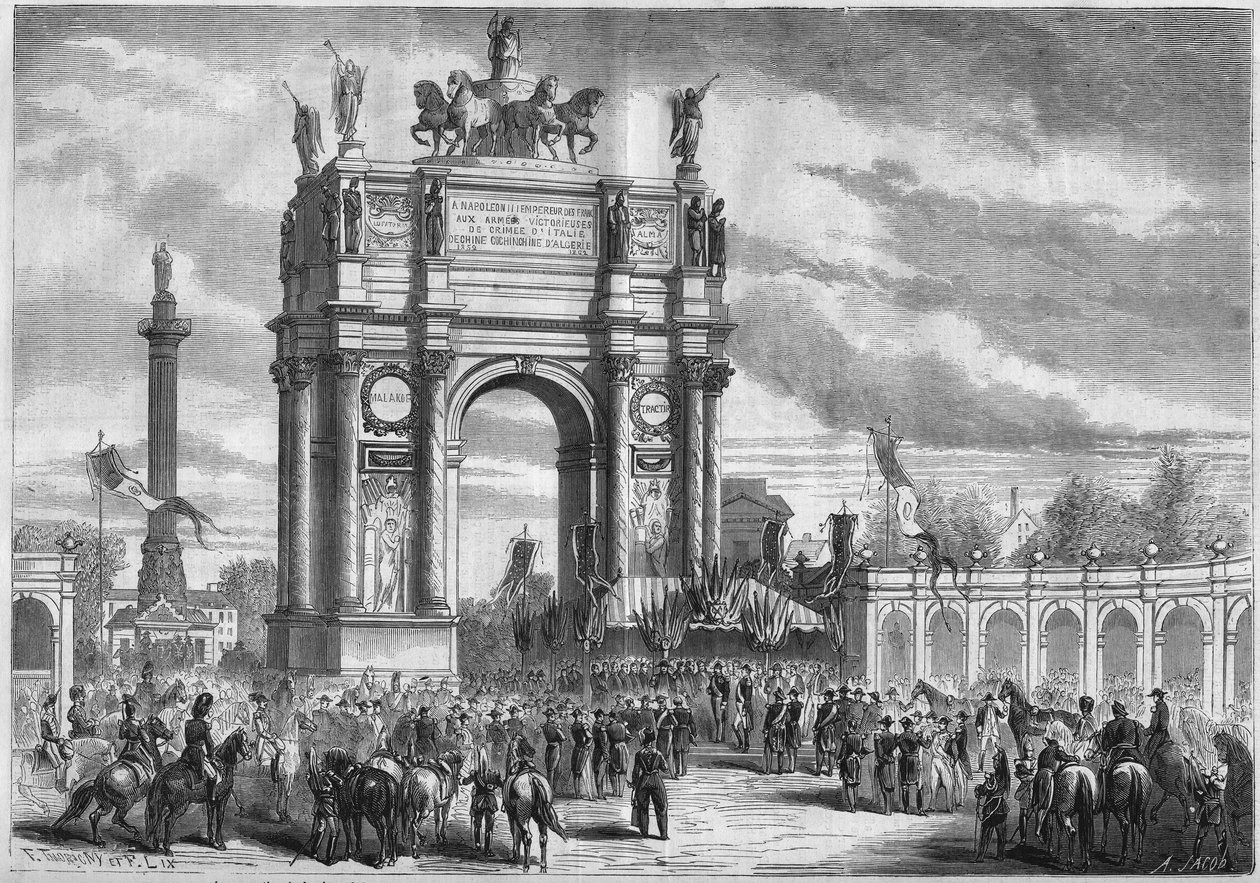 Przemiany Paryża pod rządami II Cesarstwa, Haussmann Paryż: łuk triumfalny podczas inauguracji przez Napoleona III Bulwaru Księcia Eugeniusza (dziś Bulwar Woltera). Grawer w „”Le Monde Illustré””n°296 z 13 grudnia 1862 r. autorstwa French School