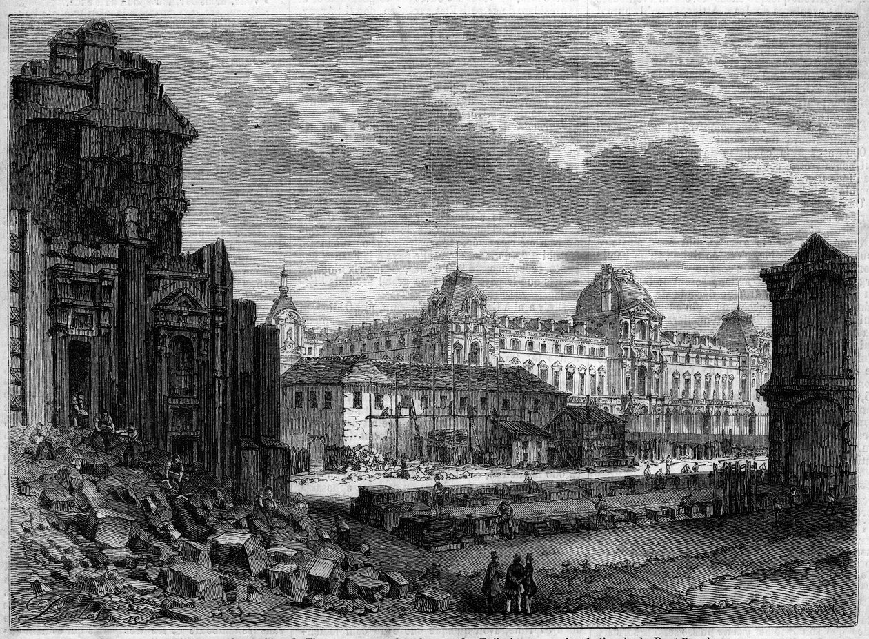 Przemiany Paryża pod Drugim Cesarstwem, Haussmann Paryż: rozbiórka pawilonu Flore i prace na dziedzińcu Tuileries - Grawerowanie w „” Le Monde Illustré” n°244 z 14 grudnia 1861 r. autorstwa French School