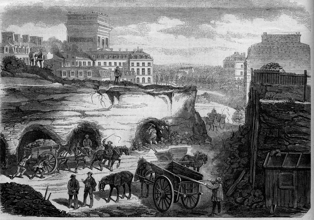 Przemiany Paryża pod rządami II Cesarstwa, Haussmann Paryż: przebicie bulwaru Królewskiego Rzymu (dziś aleja Klebera). Grawer w „Le Monde Illustré” nr 276 z 26 lipca 1862 r. autorstwa French School