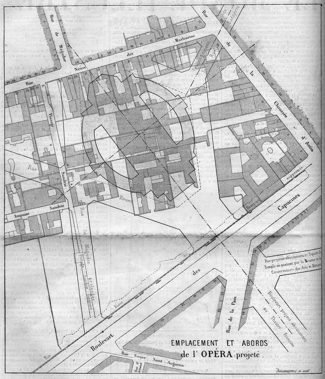Przemiany Paryża pod rządami Drugiego Cesarstwa, Haussmann Paryż: projektowany plan Opery Garnier w Paryżu w 1860 r. Rycina w „” Le Monde Illustré” n°183 z 13 października 1860 r. autorstwa French School