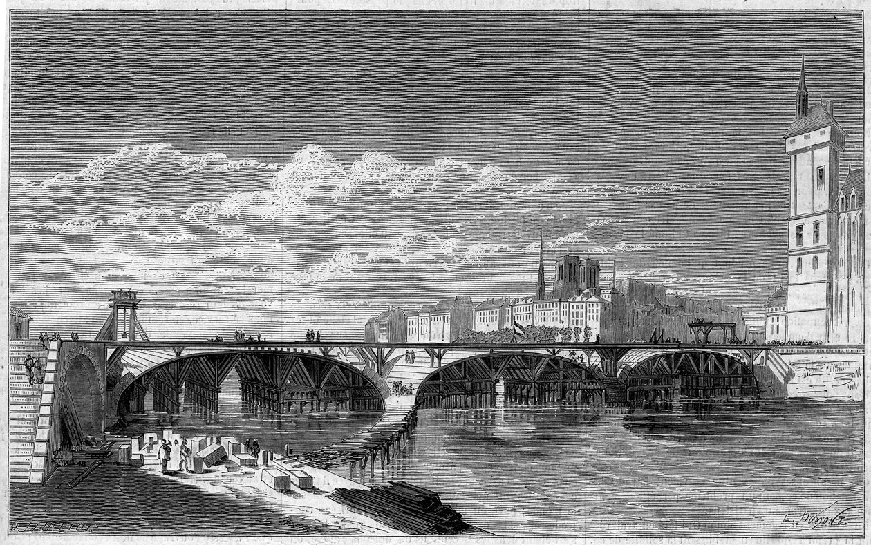 Przemiany Paryża w okresie II Cesarstwa, Haussmann Paryż: widok na Pont au Change podczas jego odbudowy. Grawer w „Le Monde Illustré” nr 169 z 7 lipca 1860 r. autorstwa French School
