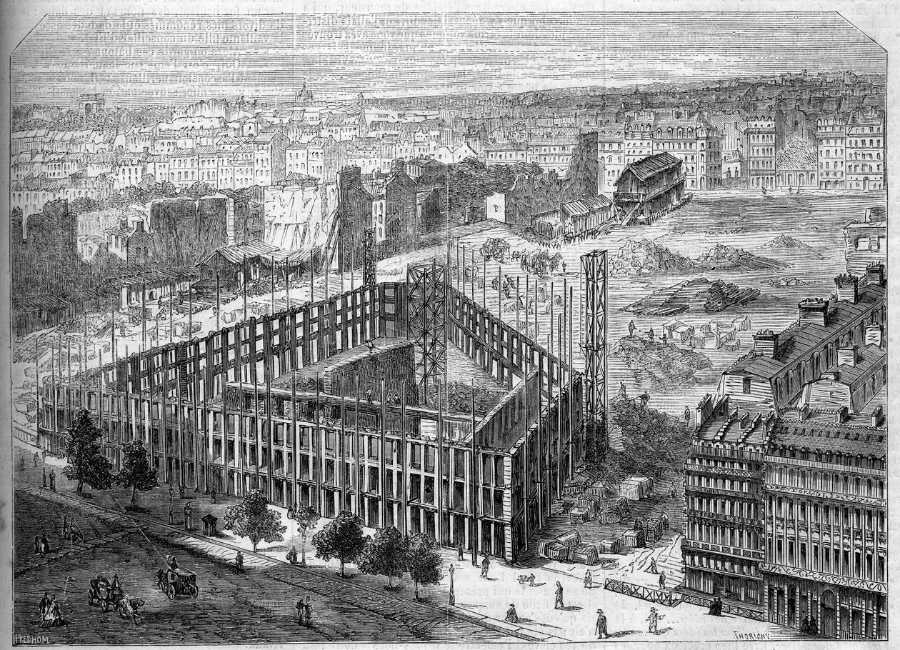 Przemiany Paryża pod Drugim Cesarstwem, Paryż Haussmann: budowa Hotelu de la Paix i widok na lokalizację przyszłej Opery Garnier, pomiędzy ulicami Neuve des Mathurins, Chaussee d