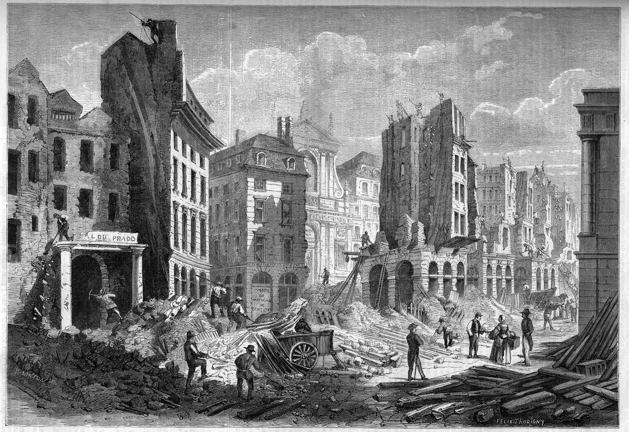 Przemiany Paryża pod II Cesarstwem, Paryż Haussmann: zburzenie Rue de la Barillerie w celu przebicia bulwaru Sewastopola. Grawer w „Le Monde Illustré” nr 126 z dnia 10 września 1859 r. autorstwa French School