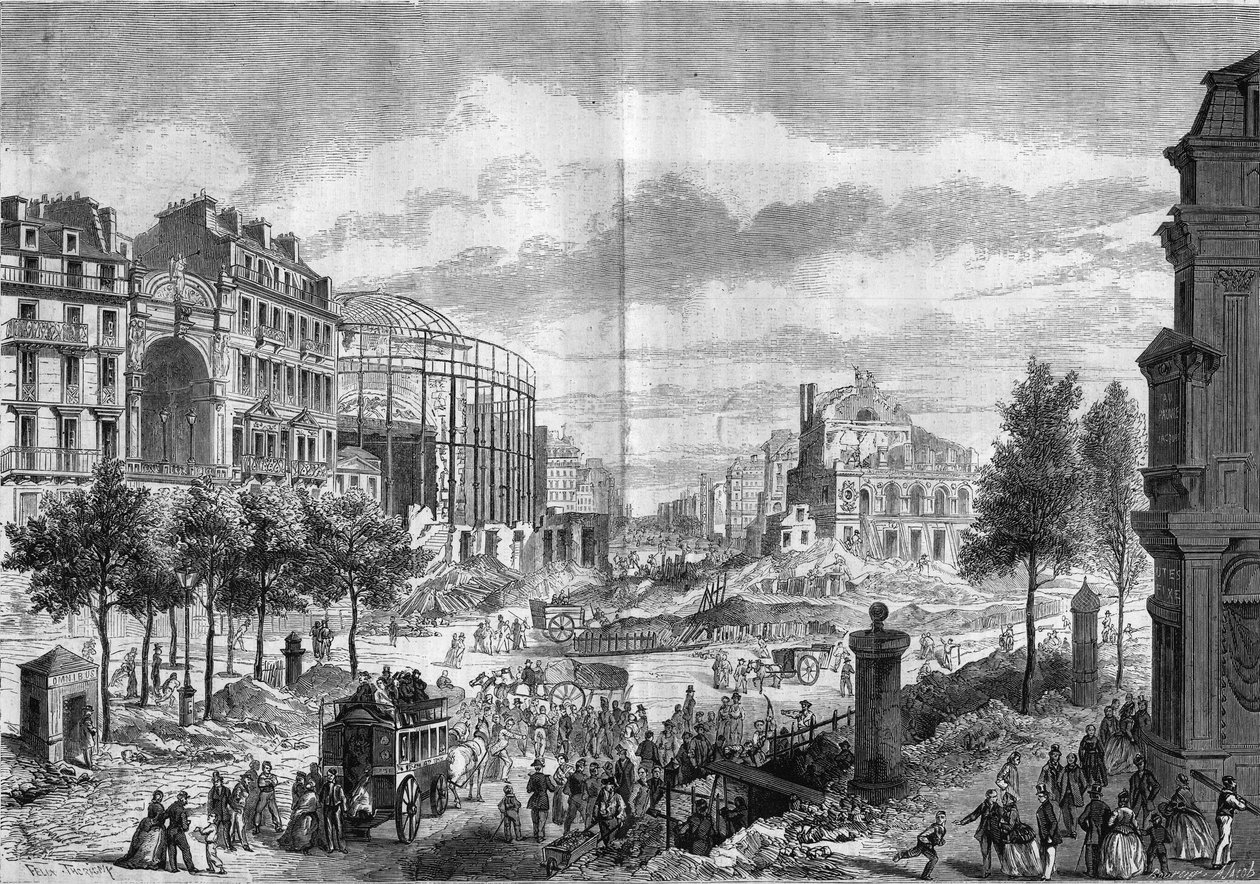 Przemiany Paryża pod rządami II Cesarstwa, Paris Haussmann: przebicie Bulwaru Księcia Eugeniusza (dzisiejszy Bulwar Woltera). Grawer w „”Le Monde Illustré””n°284 z 20 września 1862 r. autorstwa French School
