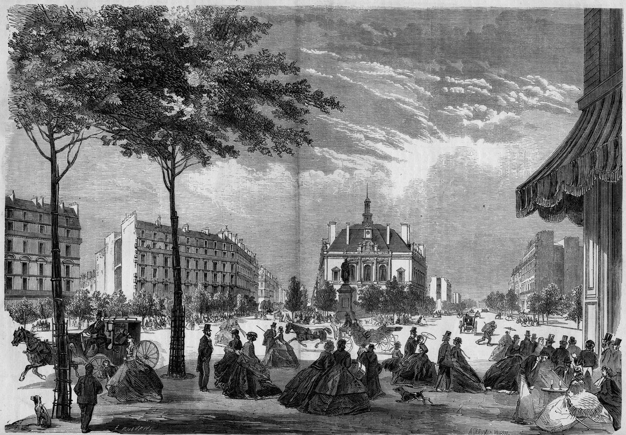 Przemiany Paryża w okresie II Cesarstwa, Paryż Haussmann: nowy ratusz XI okręgu w Paryżu. (Można zobaczyć Voltaire Boulevard i Parmentier Avenue). Grawitacja z 1865 roku. autorstwa French School