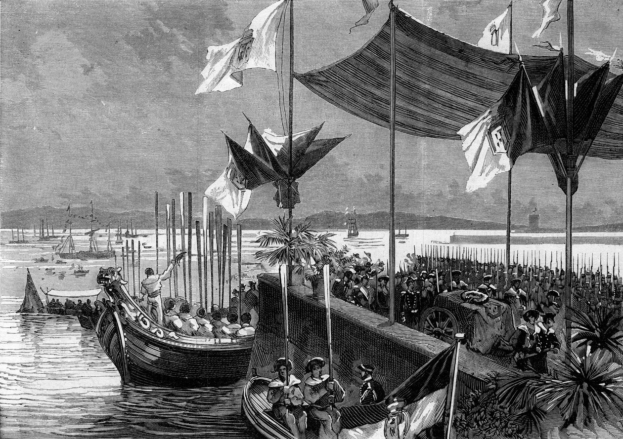 Tłumaczenie prochów Luisa Vaz de Camoes i Vasco de Gama, Portugalia, 9 czerwca 1880: szczekanie w porcie Belem szczątki poety Luisa Vaz de Camoes zwanego Camoans (1525-1580) i nawigatora Vasco de Gama (1459-1524). Grawerowanie w „” L autorstwa French School