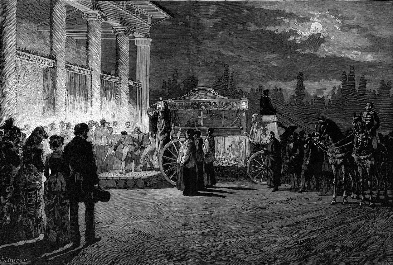 Tłumaczenie prochów papieża Piusa IX (1792-1878): przybycie konduktu do kościoła św. Wawrzyńca w Rzymie 12 lipca 1881 r. Grawer Pelicera w „Le Monde Illustré” nr 1271 z 6 sierpnia 1881 r. . autorstwa French School
