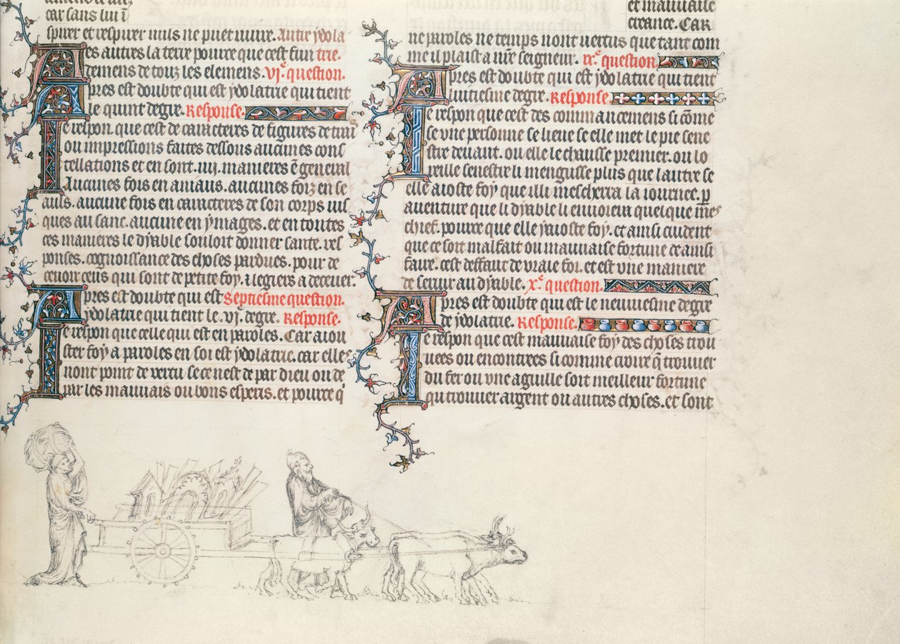 Przewóz rzeczy w wozie ciągniętym przez woły, niedokończona miniatura z Biblii Jana de Sy, c.1355 autorstwa French School