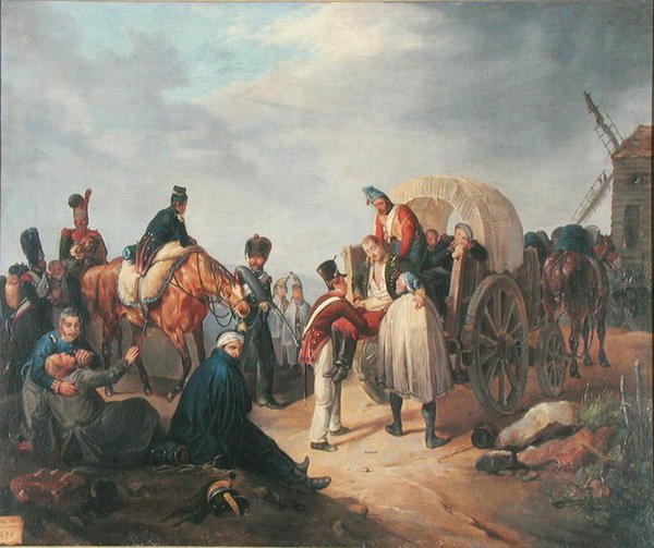 Transport rannych wózkiem (olej na płótnie) autorstwa French School