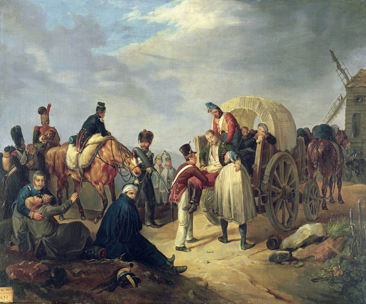 Transport rannych żołnierzy podczas wojen napoleońskich autorstwa French School