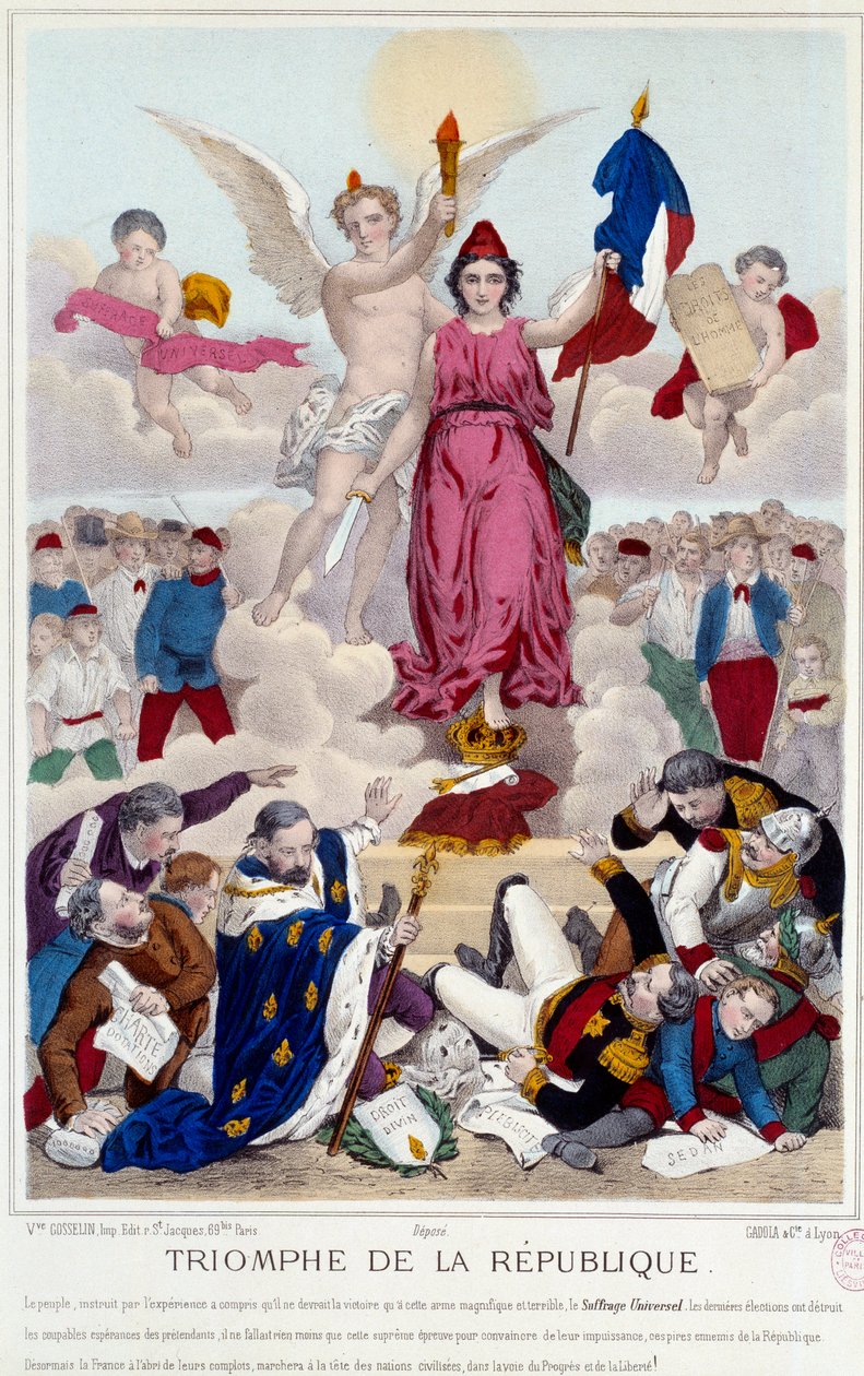 Triumf republiki, rycina z 1875 roku. Alegoria o powszechnych wyborach, które niszczą wrogów republiki: "[...] Ale Francja jest chroniona przed ich spiskiem, idąc na czele cywilizowanych narodów na ścieżce postępu i wolności". autorstwa French School